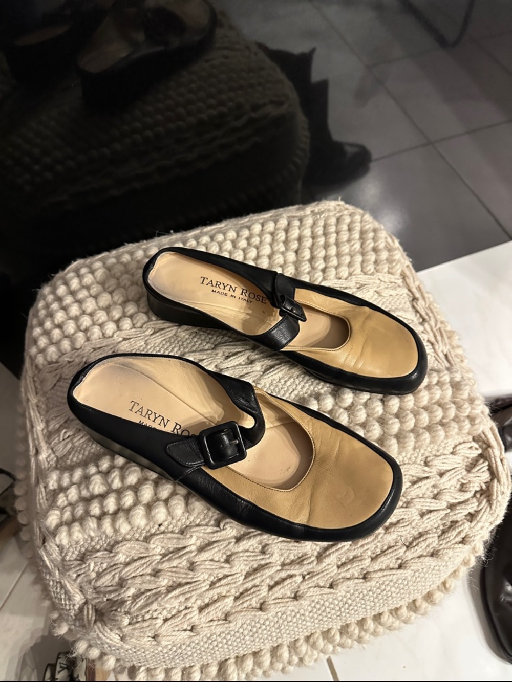 Taryn Rose Black and Beige Leather Mary Jane Mules